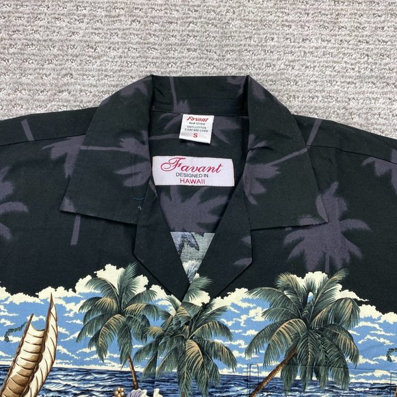 FAVANT Hawaiian Shirt Men Small S Black Button Up Floral Palm Tree Beach Waves - Picture 5 of 9